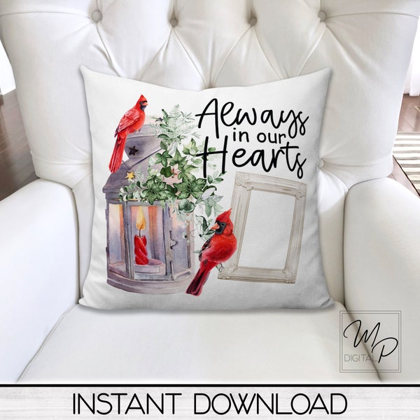 Red Cardinal Memorial Square Pillow Cover PNG Sublimation Design, One Photo, Digital Download