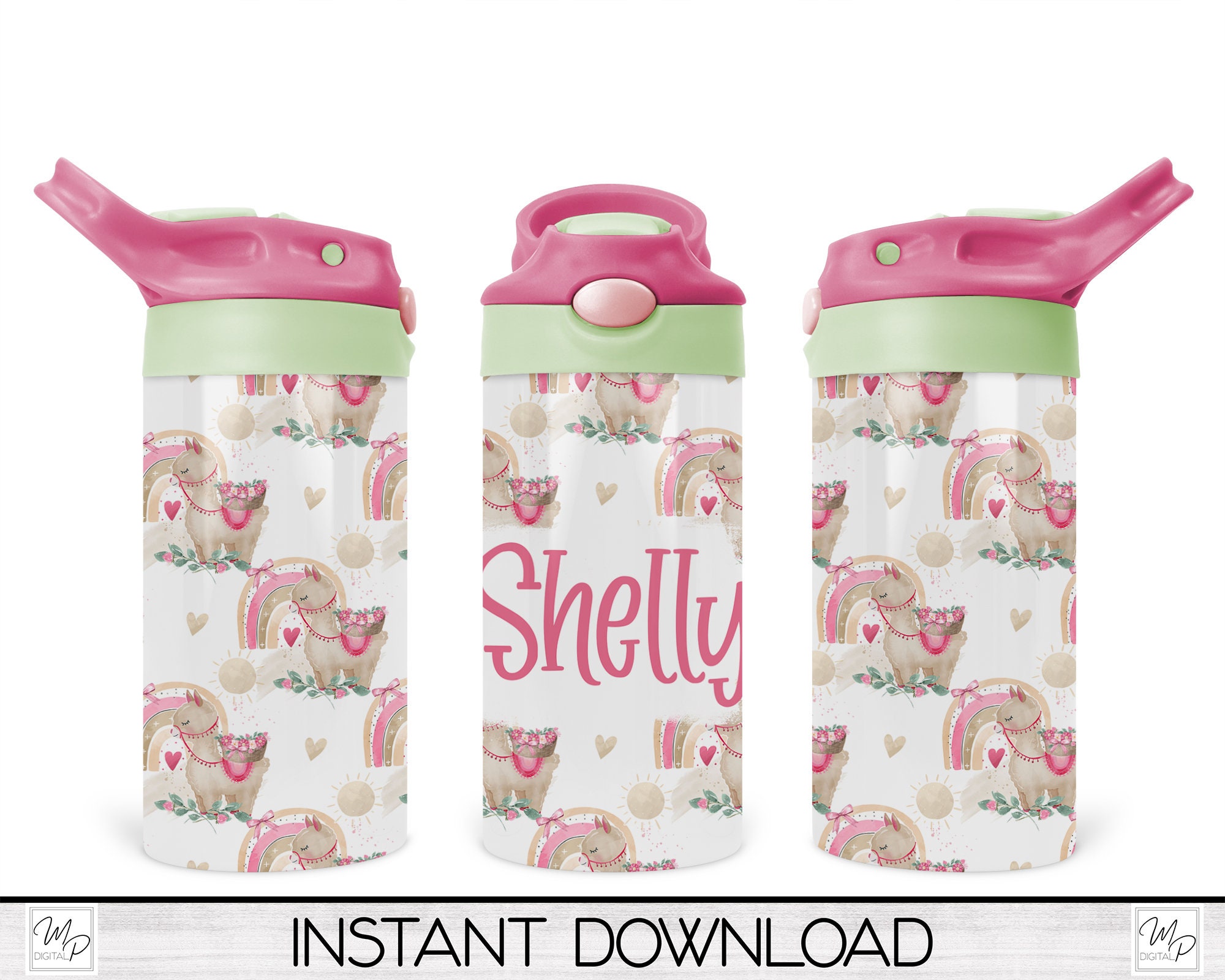 Kids Flip Top Water Bottle, Girls Sippy Cup Sublimation Design Template,  Llamas Digital Download, Waterslide PNG, Instant Digital Download 