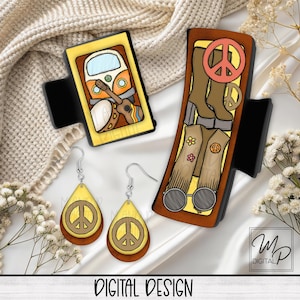 Hippie PNG Design for Sublimation of Hair Clips, Retro Hair Claws, Teardrop Earring Digital Design Download, Commercial Use