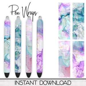 May include: Four printable pen wrap designs featuring abstract watercolor patterns in shades of purple, blue, and green with gold accents. The designs are labeled "Pen Wraps" and "INSTANT DOWNLOAD".
