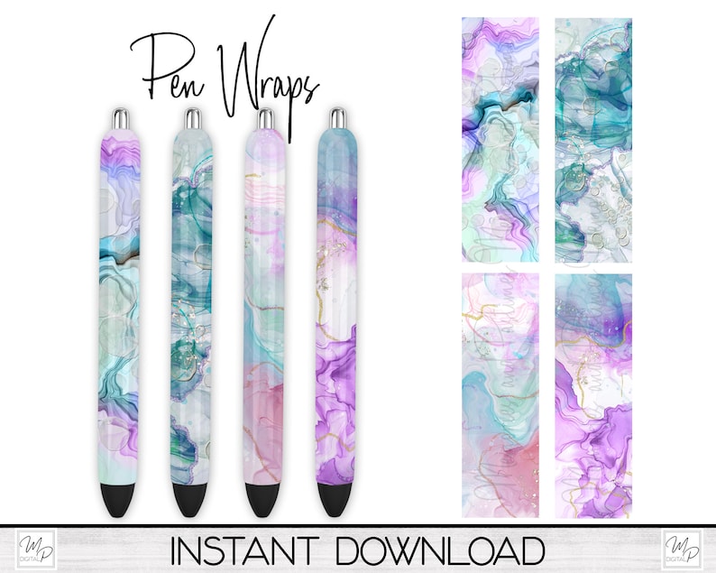 Op de afbeelding: Vier printbare pen-wikkelontwerpen met abstracte aquarelpatronen in tinten paars, blauw en groen met gouden accenten. De ontwerpen zijn gelabeld met "Pen Wraps" en "INSTANT DOWNLOAD".
