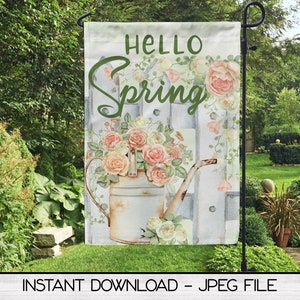 Hello Spring Garden Flag Sublimation Design, Spring Water Can Design, Floral Watercan Digital Download, Sublimation Design, Printable Art