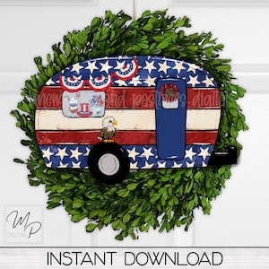 Patriotic July 4th Camper, PNG Design for Sublimation of Camping Hanging Signs, Earrings, Digital Download, Commercial Use