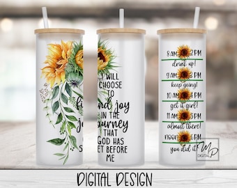 Christian Bible Verse 20oz / 25oz Glass Tumbler Water Tracker Wrap for Sublimation and Waterslides, PNG Digital Download, Sunflowers