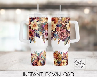 Warm Fall Floral 40oz Tumbler Wrap - PNG Tumbler Design Sublimation - Digital Designs Downloads - Commercial Use