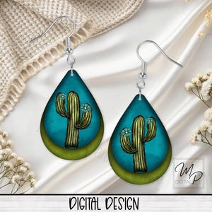Boucle d'oreille en forme de larme cactus du sud-ouest Design en sublimation PNG, téléchargement numérique instantané