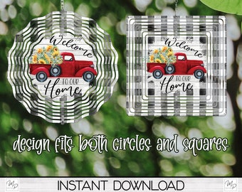 Red Farmhouse Truck and Sunflower Wind Spinner PNG Design for Sublimation, Welcome Garden Spinner Design, Digital Download