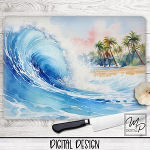 Ocean Wave Glass Cutting Board PNG Digital Design for Sublimation of Kitchen Glass Cutting Boards and Dish Mat, Beach