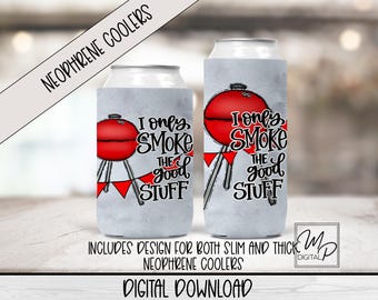Design de sublimação para refrigerador de latas de neoprene engraçado para defumador de churrasco, refrigerador de latas de tecido dobrável PNG, suporte para latas, refrigerador de latas PNG para download
