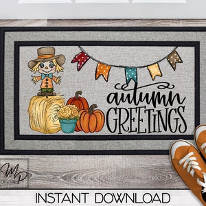 Fall Scarecrow Autumn Greetings Door Mat Sublimation Design Download, Rug Design, Doormat PNG