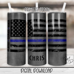 Seamless Police Thin Blue Line 20oz Skinny Tumbler Wrap, Tumbler PNG Waterslide, Commercial Use Straight Tapered Design Sublimation Download