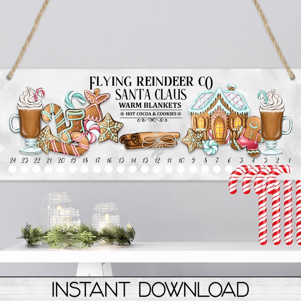 Christmas Hot Cocoa & Gingerbread Cookies Candy Cane Countdown Sign PNG Sublimation Digital Download, Candy Cane Holder Advent Calendar
