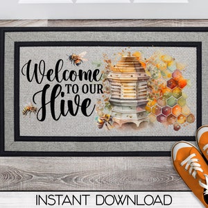 Welcome To Our Hive Bee Door Mat Sublimation Design Download, Rug Design, Doormat PNG