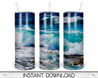 Ocean Waves Tumbler PNG: 20oz Skinny Sublimation Design (Digital Download)