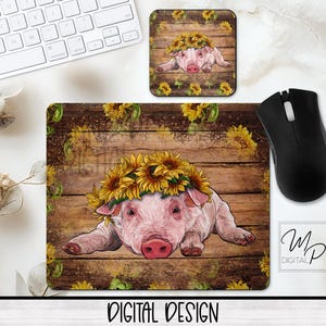 Pig and Sunflowers Mouse Pad and Coaster Desk Set Sublimation Digital Download, Sunflower Desk Set Design for Sublimation, Commercial Use