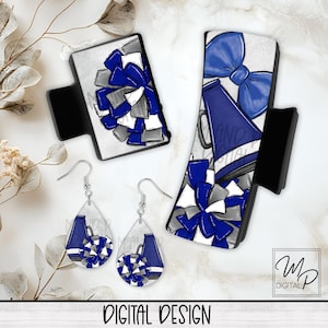 Cheerleader Hair Clip Sublimation Design, Blue Team Spirit, Large And Small Hair Claw PNG, Hair Clip and Teardrop Earring