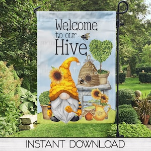 Gnome Garden Flag PNG Sublimation Digital Design, Printable Art, Instant Download, Sublimation Graphics, Commercial Use, Welcome To Our Hive