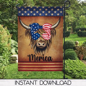 Diseño de sublimación de bandera patriótica Highland Cow 4 de julio, descarga DIGITAL de bandera patriótica, plantilla de sublimación, uso comercial