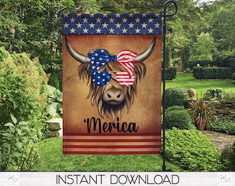 Patriotic Highland Cow 4th of July Flag Sublimation Design, Patriotic Flag DIGITAL DOWNLOAD, Sublimation Template, Commercial Use