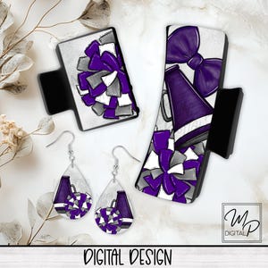 Cheerleader Hair Clip Sublimation Design, Purple Team Spirit, Large And Small Hair Claw PNG, Hair Clip and Teardrop Earring