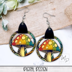 Design de sublimação PNG de brinco de cogumelo, argola de cogumelo hippie com couro, download digital instantâneo, uso pessoal e comercial