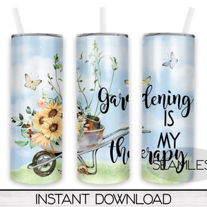 Gardening 20oz Skinny Tumbler PNG Sublimation Design, Tumbler Design, Template Digital Download, Commercial Use, Gardening Is My Therapy