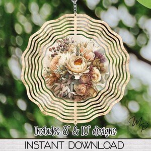 Op de afbeelding: Een houten windgong met een bloemenmotief. Het ontwerp bevat een boeket beige, roze en paarse bloemen met groene bladeren. De windgong is 20 cm en 25 cm in diameter.  Bevat 8" & 10" ontwerpen DIRECTE DOWNLOAD