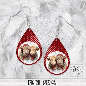 Christmas Highland Cow Sublimation Earring Designs Template PNG, Instant Digital Download, Earring Blanks Design, Earring Downloads