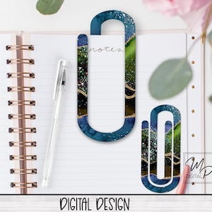 Blue and Green Agate Large Paper Clip Bookmark PNG Sublimation Design, Gift Idea, Paperclip PNG, Digital Download, Commercial Use