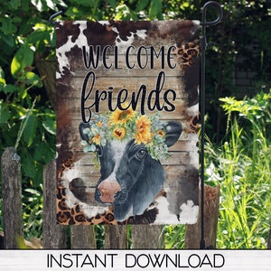 Welcome Garden Flag for Sublimation Design Download, Sunflower Cow Yard or Porch Flag Digital Download