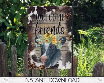 Sunflower Cow Welcome Garden Flag Sublimation Design (Digital Download)
