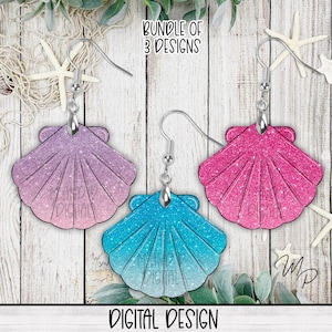Paquete de diseños PNG de conchas con purpurina para sublimación de aretes, aretes de playa, descarga digital, uso personal y comercial