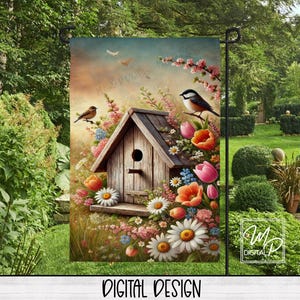 Birdhouse Garden Flag for Sublimation Design Download, Yard or Porch Flag Digital Download
