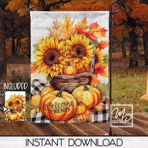 Puede incluir: Una bandera de jardín de otoño con el tema "Bienvenido a los amigos" con girasoles, calabazas y un patrón a cuadros. La bandera está impresa sobre un fondo blanco.