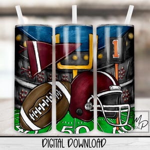 May include: A sublimation design for a tumbler featuring a football helmet, football, and a goal post with a red, white, and blue flag. The design is on a green and white background with the number 50.