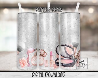 Seamless Makeup Sublimation Design Waterslide Download, 20oz Skinny Tumbler Wrap, Straight and Tapered Tumbler PNG, Commercial Use