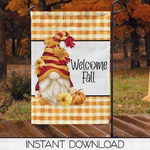 Welcome Fall Gnome Garden Flag Sublimation Design, Autumn Garden Flag, Digital Printable Art, Porch Flag