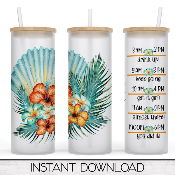 Tropical 20oz / 25oz Glass Tumbler Water Tracker Wrap for Sublimation and Waterslides, PNG Digital Download