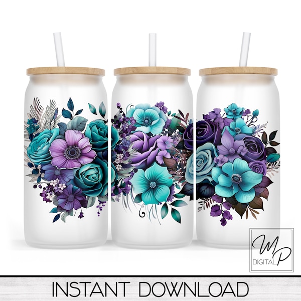 Purple and Teal Floral 16oz Glass Can Wrap PNG, Glass Tumbler Sublimation Design