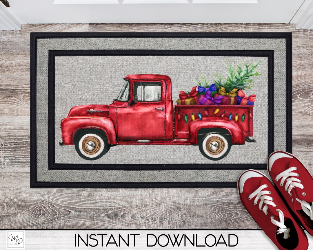 Christmas Red Farmhouse Truck Door Mat Sublimation Design Download, Rug