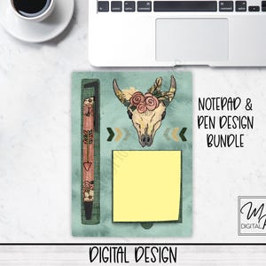 Western Boho Cow Skull Notatnik i Długopis PNG Sublimacja Projekt, Pobieranie Cyfrowe, Uchwyt Na Notatniki Samoprzylepne PNG Projekt