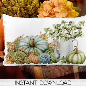 May include: White rectangular pillow with a watercolor design featuring pumpkins, gourds, and a vintage pitcher filled with white berries. The design includes blue, orange, and green pumpkins, and the text "INSTANT DOWNLOAD" is at the bottom.