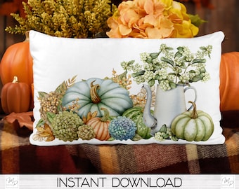 Fall Pumpkins & Hydrangeas Lumbar Pillow Cover PNG Sublimation Design, Digital Download, Happy Fall