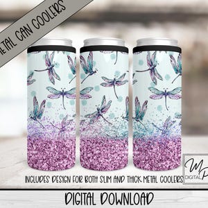 Dragonfly Glitter PNG Design For Sublimation Of Slim and Thick Metal Can Coolers, Digital Hard Can Cooler Wrap Design