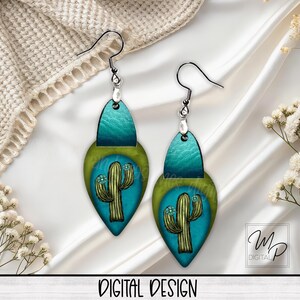 Boucle d'oreille en forme de goutte d'eau cactus du sud-ouest, Design en sublimation PNG, cerceau en forme de larme inversé avec cuir, téléchargement numérique instantané