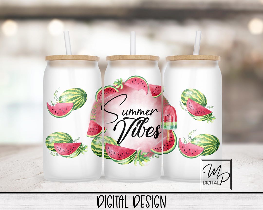 Watermelon Summer Vibes 16oz Glass Can Wrap PNG, Glass Tumbler ...