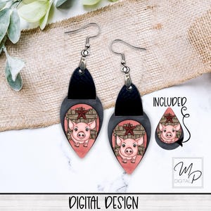 Cute Pig Upside Down Teardrop Earring PNG Sublimation Design, Teardrop Hoop with Leather, Instant Digital Download