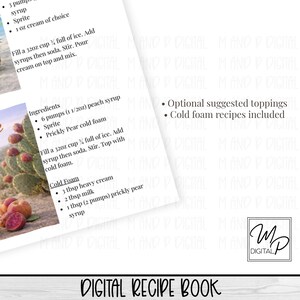 May include: A digital recipe book with drink recipes, including cold foam. The image shows a recipe for a Sprite drink with prickly pear cold foam. The text includes ingredients and instructions. The book also includes optional toppings.