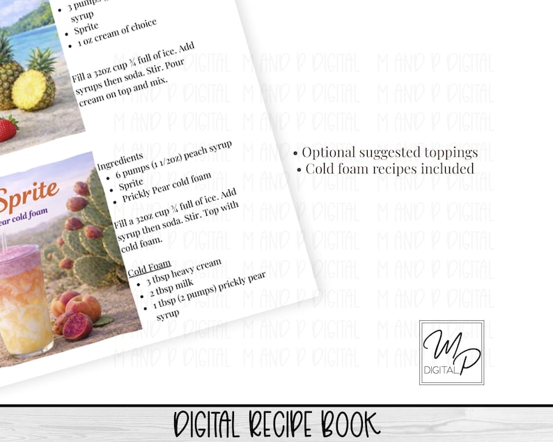 May include: A digital recipe book with drink recipes, including cold foam. The image shows a recipe for a Sprite drink with prickly pear cold foam. The text includes ingredients and instructions. The book also includes optional toppings.
