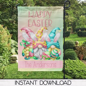 May include: A pink, green, and blue garden flag with three gnomes wearing bunny ears and holding Easter eggs. The flag reads "Happy Easter" and "The Andersons".